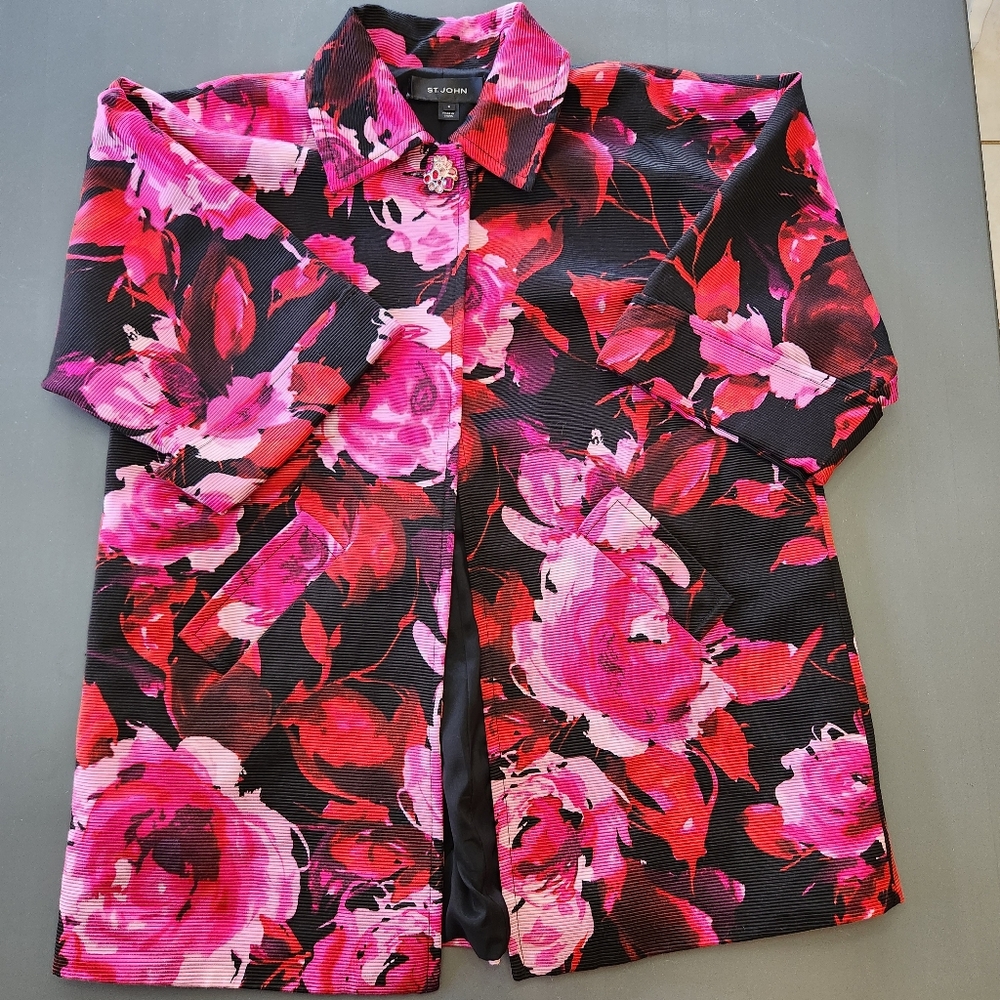 St John sz 4 Pink Red Black Flower Jacket Blazer Evening Coat Kimono Style